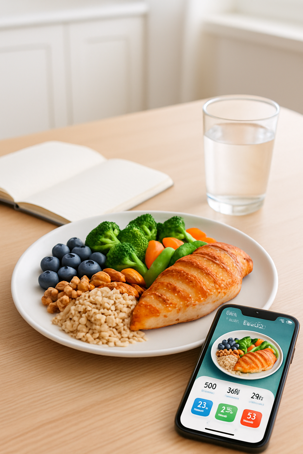 A smartphone displaying the SnapEat AI app interface, showing a photo of a meal with its nutritional breakdown.