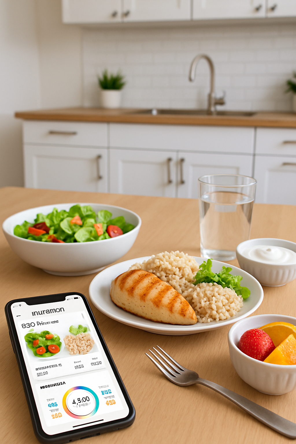 A smartphone showing the SnapEat AI food recognition app analyzing a healthy meal of salmon and vegetables.