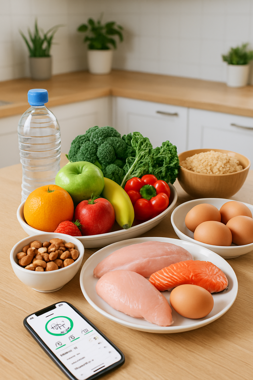 A cosplayer looking at the SnapEat AI app on their phone, with a healthy meal and cosplay materials in the background