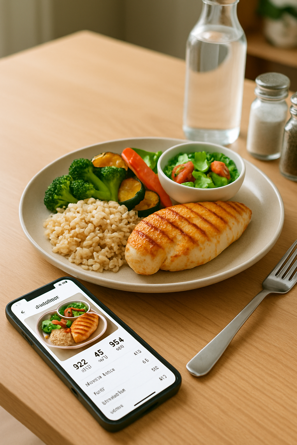 A person holding a phone using the SnapEat AI app to scan a healthy plate of salmon and vegetables for nutrition tracking.