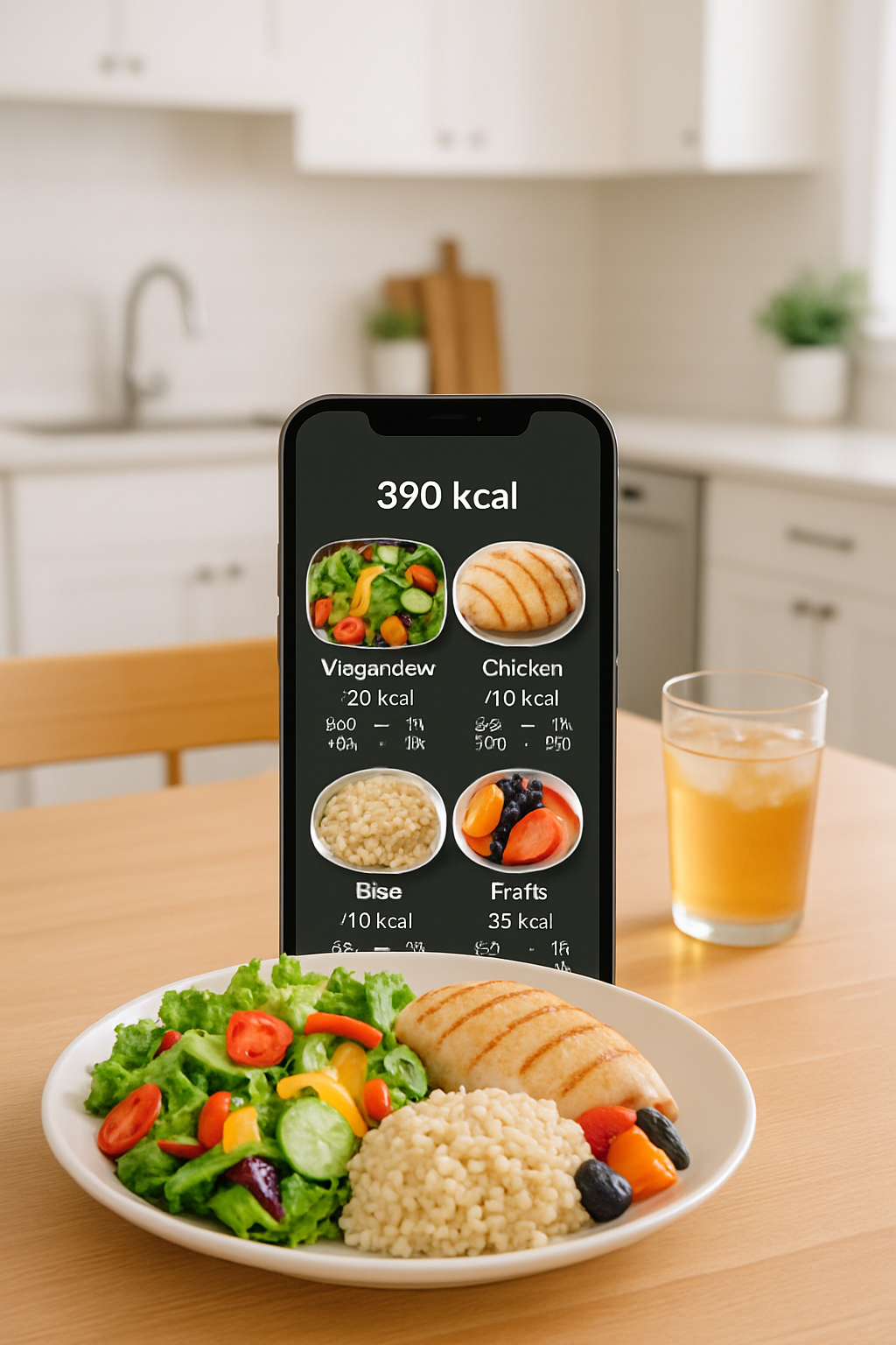 A smartphone showing the SnapEat AI app interface analyzing a photo of a healthy meal for the hotspanish challenge