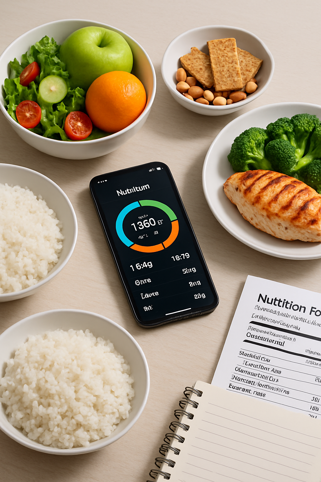 A healthy salad on a plate with the Food Smart Coach app interface overlay displaying nutritional details.