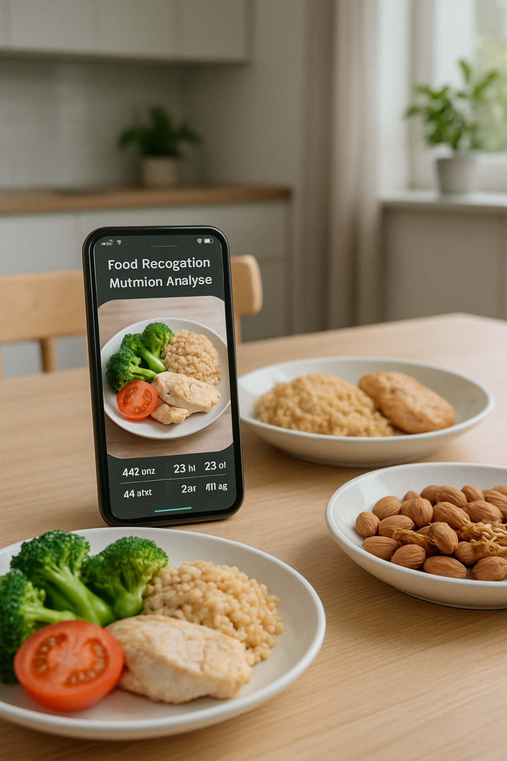 A smartphone displaying the SnapEat AI app analyzing a photo of a healthy meal with salmon and vegetables.
