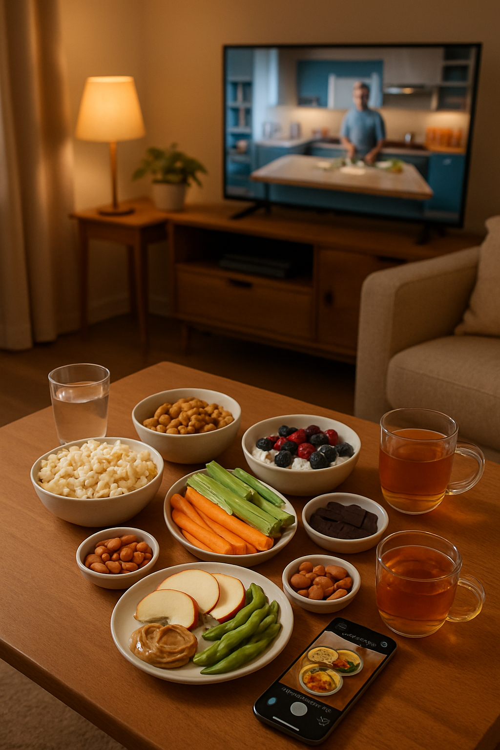 A person taking a photo of a healthy snack bowl with a smartphone while watching TV, demonstrating how to use the SnapEat AI app for mindful eating.