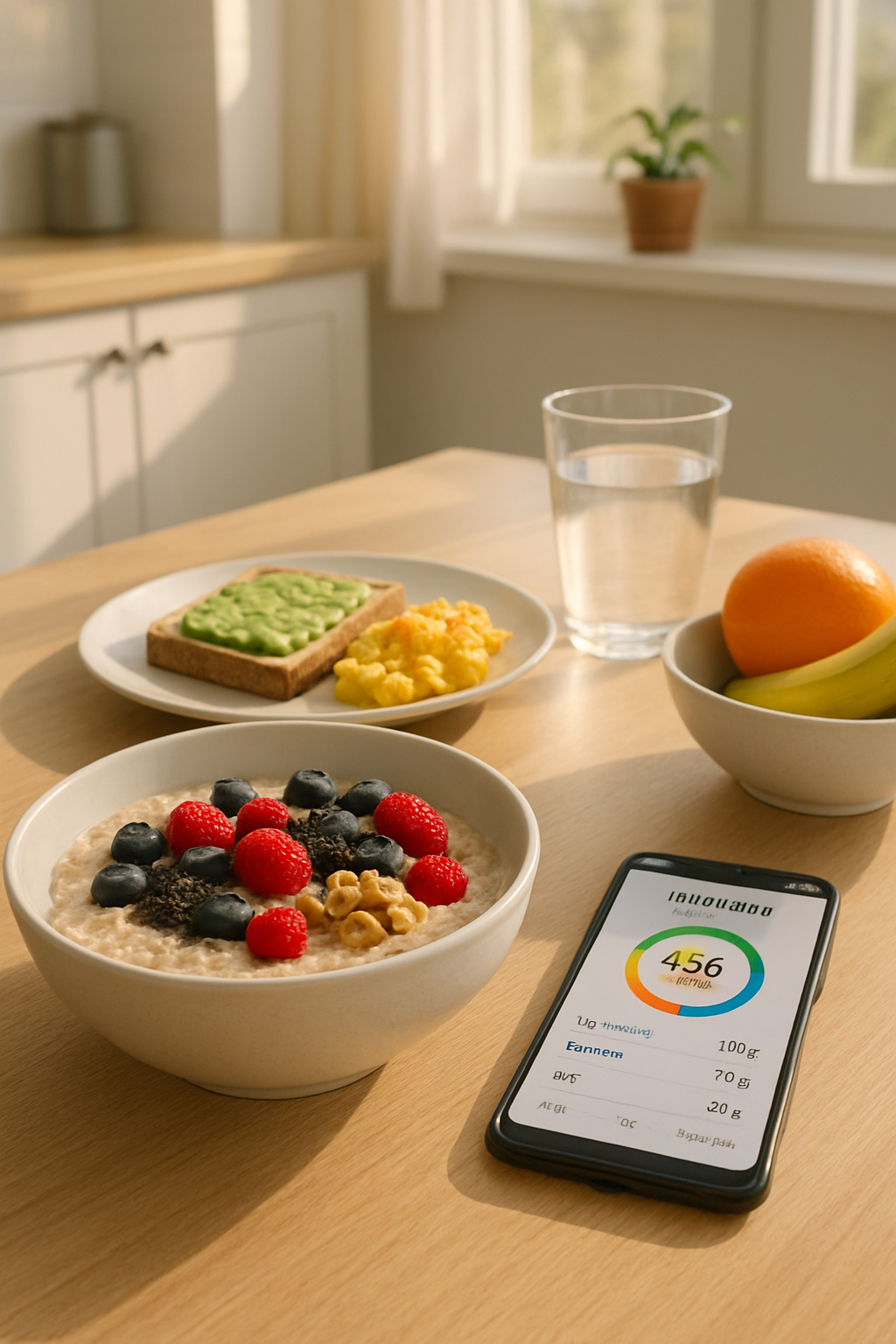 A healthy Sahur meal of oatmeal, berries, and nuts being tracked on the SnapEat AI app to meet Ramadan health goals.