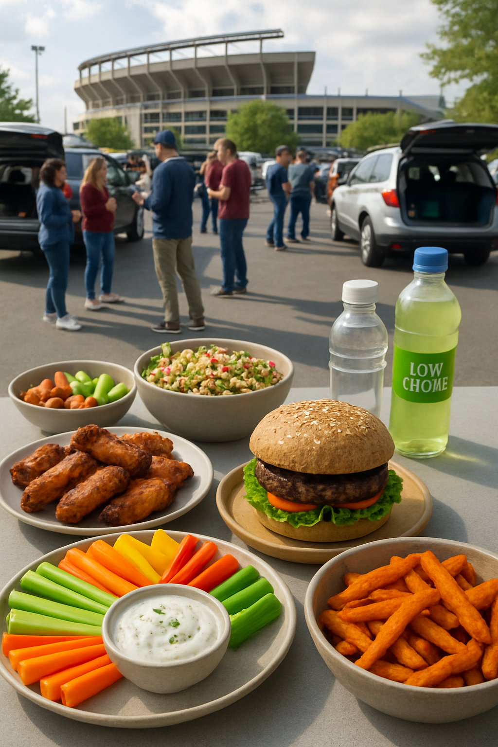 A healthy game day plate with chicken skewers and guacamole being analyzed by the SnapEat AI nutrition coach app on a smartphone.