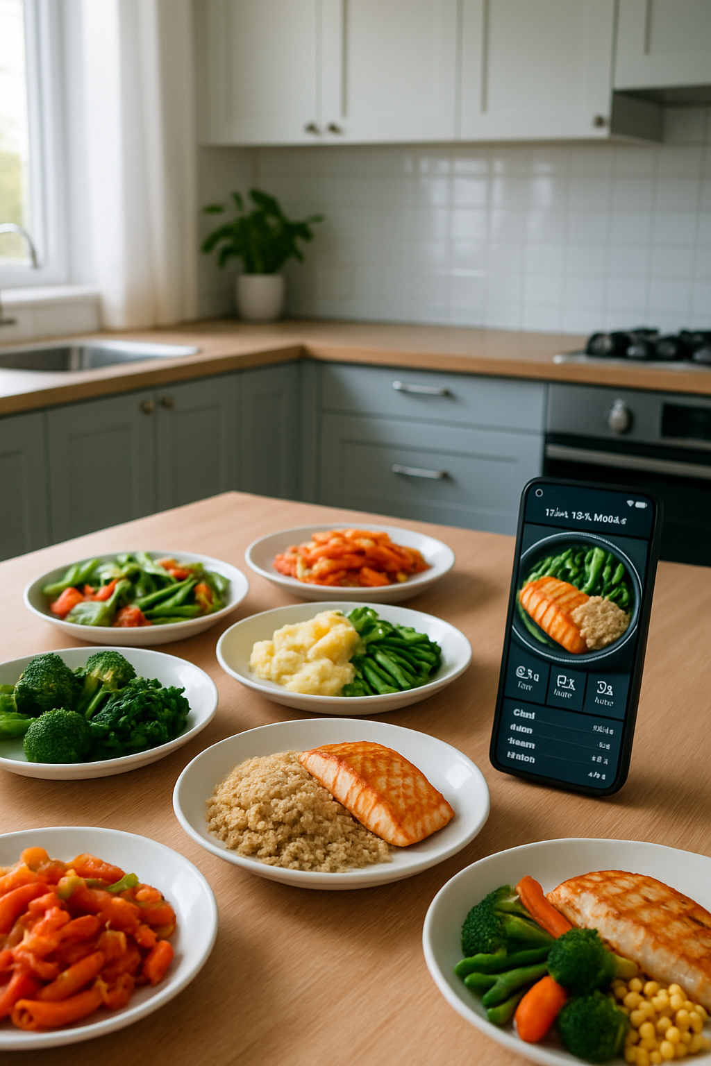 Smartphone showing the SnapEat AI app interface after analyzing a photo of a healthy meal with salmon, broccoli, and quinoa.