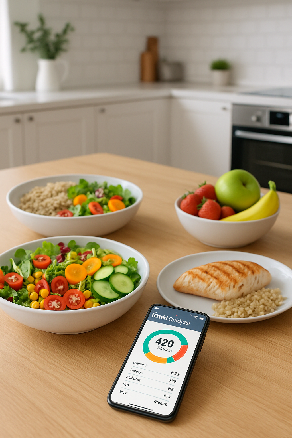 Smartphone using the SnapEat AI food recognition app to analyze a healthy bowl of quinoa and grilled chicken.