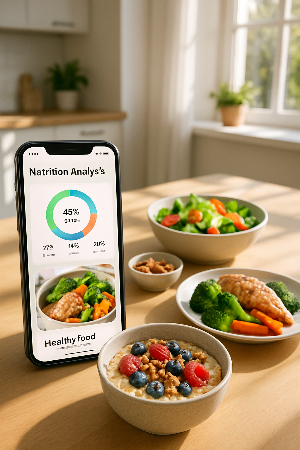 A person using the SnapEat AI food tracker app on their phone to take a picture of a healthy salad, demonstrating the photo food journal feature.