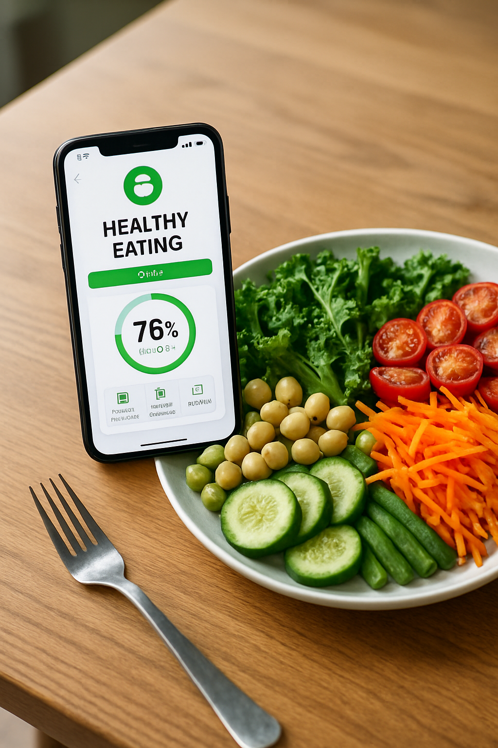 A healthy meal of salmon and vegetables being analyzed by the SnapEat AI smart food tracker app on a smartphone.