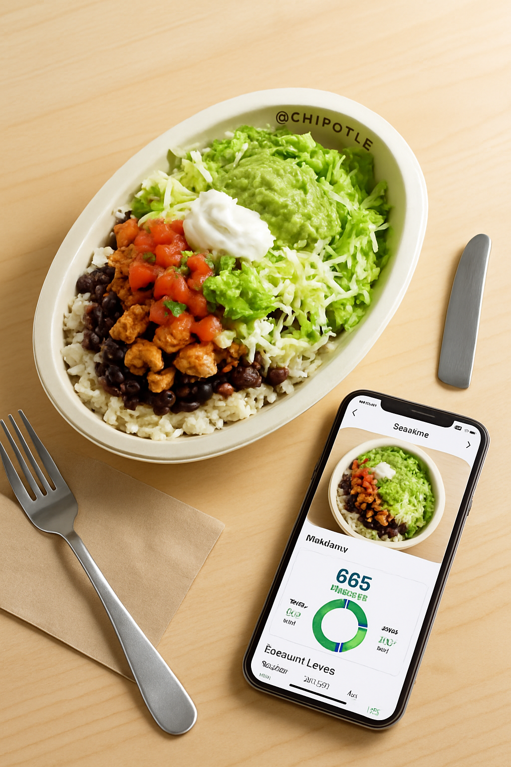 A Chipotle bowl being scanned by the SnapEat AI calorie counter app on a smartphone