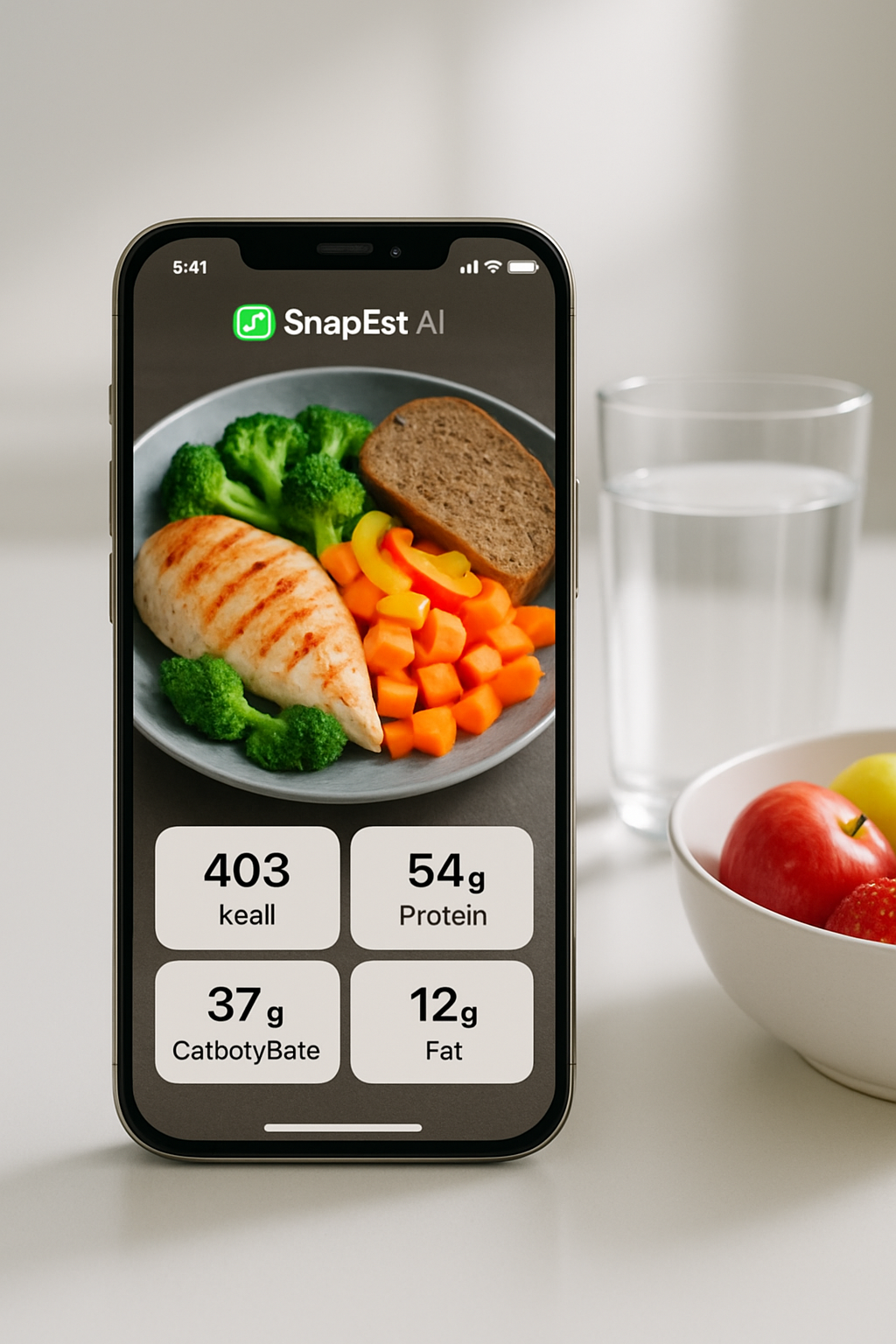 A woman using the SnapEat AI smart calorie counter app on her phone to track a healthy salad, part of her red carpet diet plan.