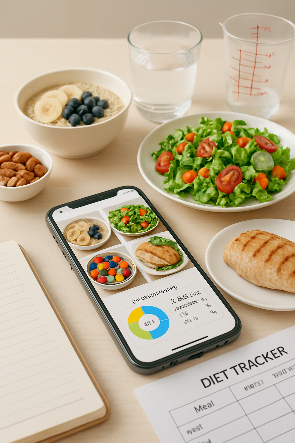 Smartphone displaying the SnapEat AI app interface, using food recognition to analyze a healthy meal.