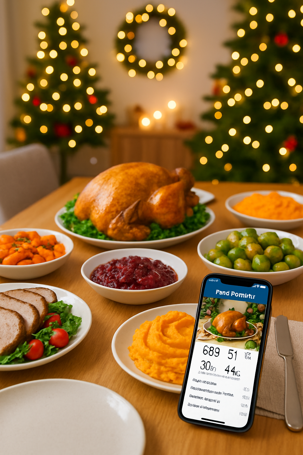 A person using the SnapEat AI smart food tracker app on their phone to take a photo of a festive meal on a table.