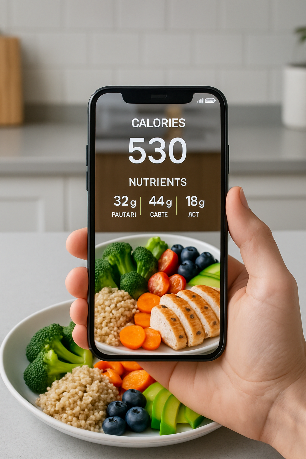 A phone showing the SnapEat AI app analyzing a healthy meal, demonstrating a diet transformation inspired by Juan de Dios Pantoja.