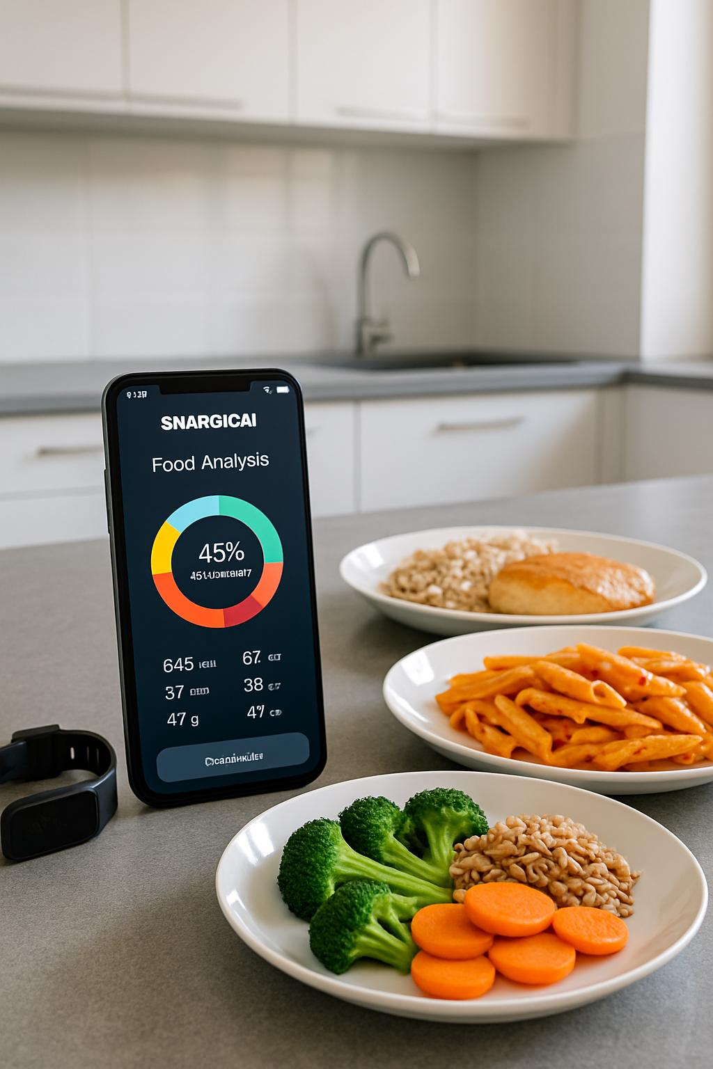 A smartphone displaying the SnapEat AI app using its food recognition feature on a colorful salad, with health sync data in the background.