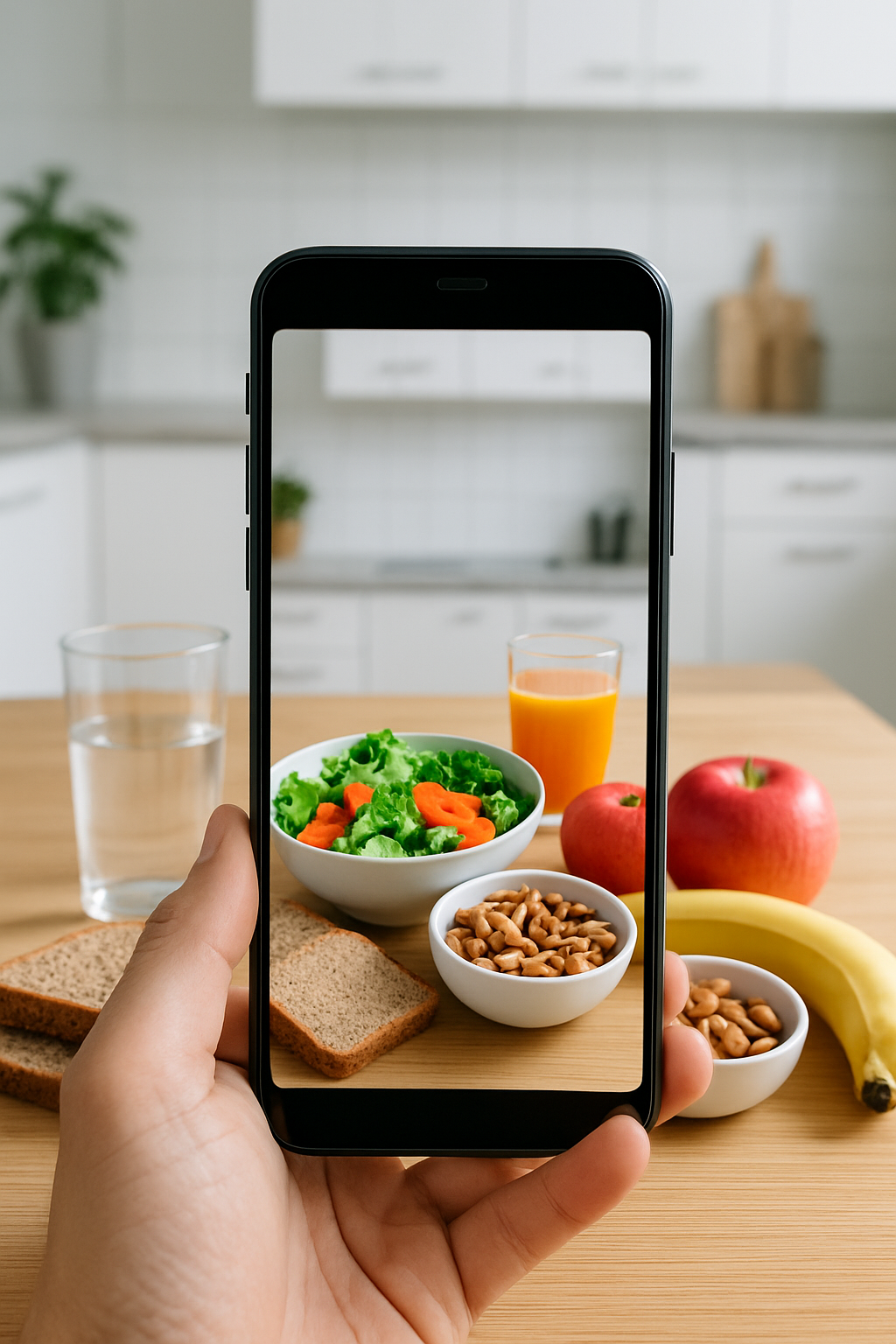A smartphone screen showing the SnapEat AI app using food recognition to analyze a healthy meal of salmon and vegetables.