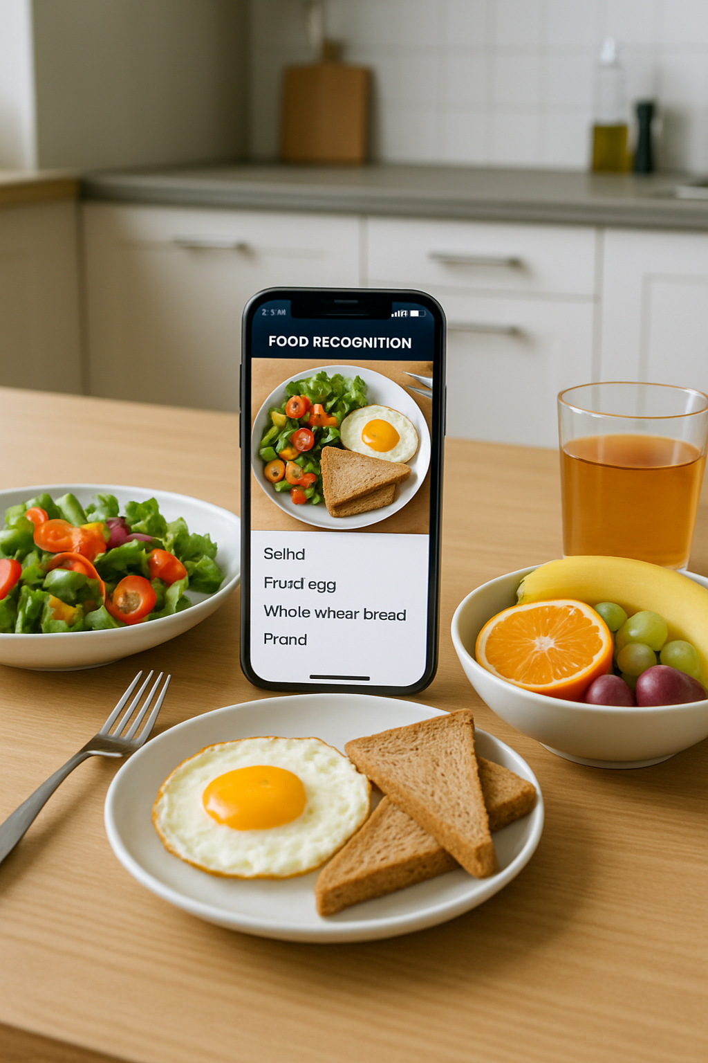 A smartphone using the MealVision food recognition app to analyze the nutritional information of a bowl of salad.
