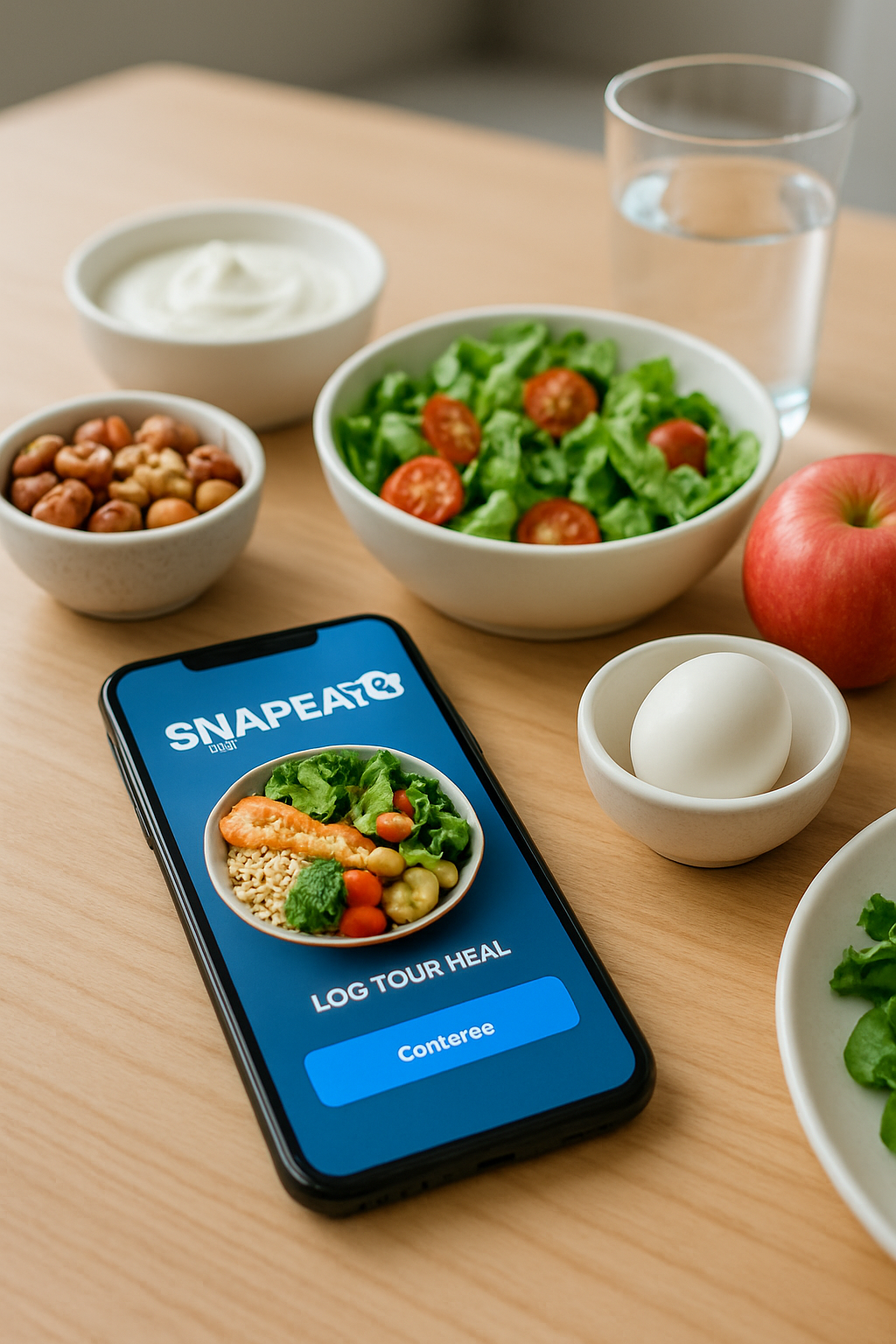 A person using the SnapEat AI app on their phone to get an instant nutritional analysis of a healthy salad, demonstrating the concept of smarter eating.
