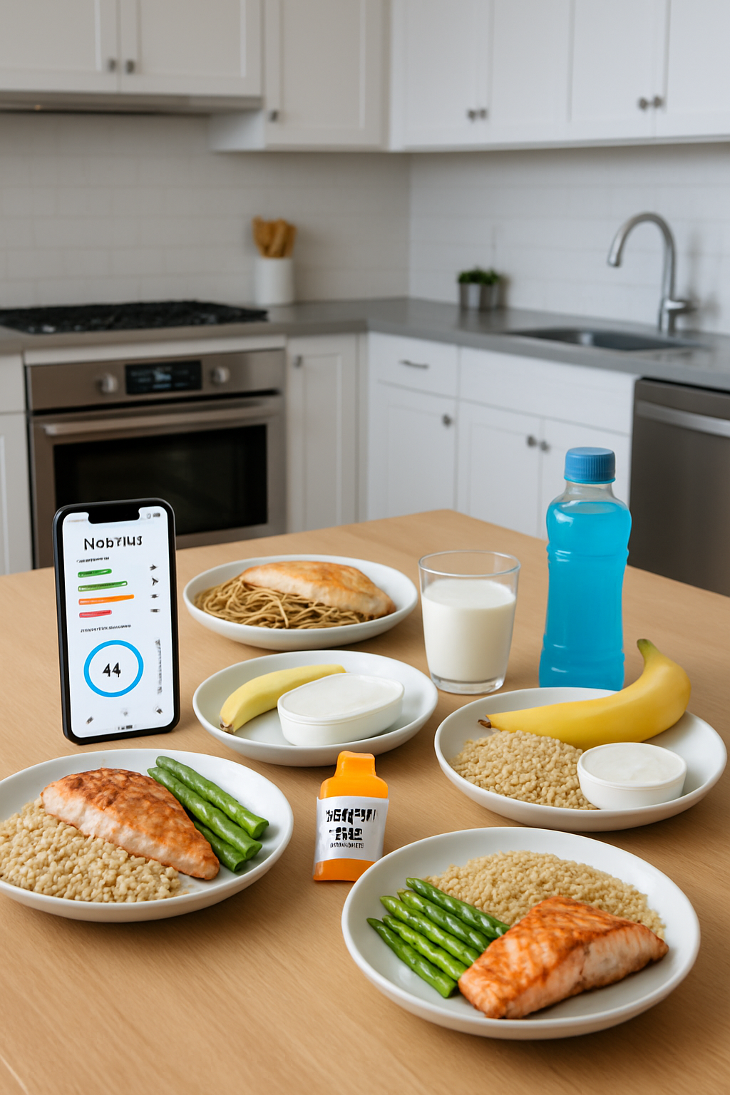 A professional footballer's meal of salmon and vegetables being analyzed by the SnapEat AI sports nutrition app on a phone.