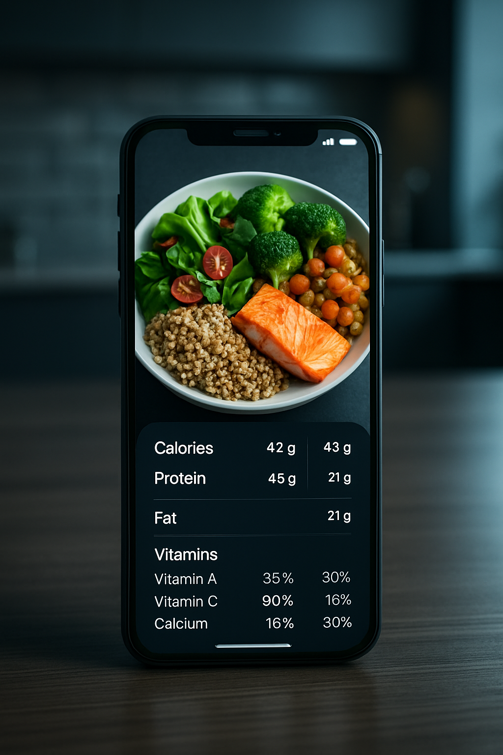 Figure skater Alysa Liu using the SnapEat AI smart food tracker on her phone to analyze a healthy meal.