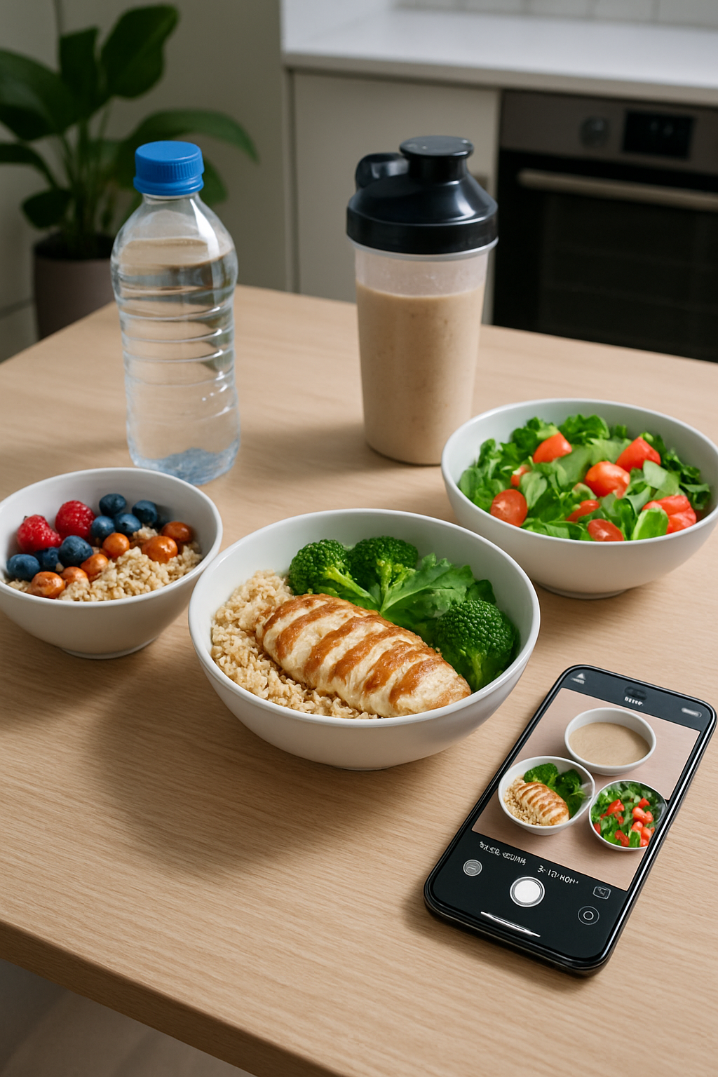 Athlete using the SnapEat sports nutrition AI app on a smartphone to track a healthy meal for peak performance.