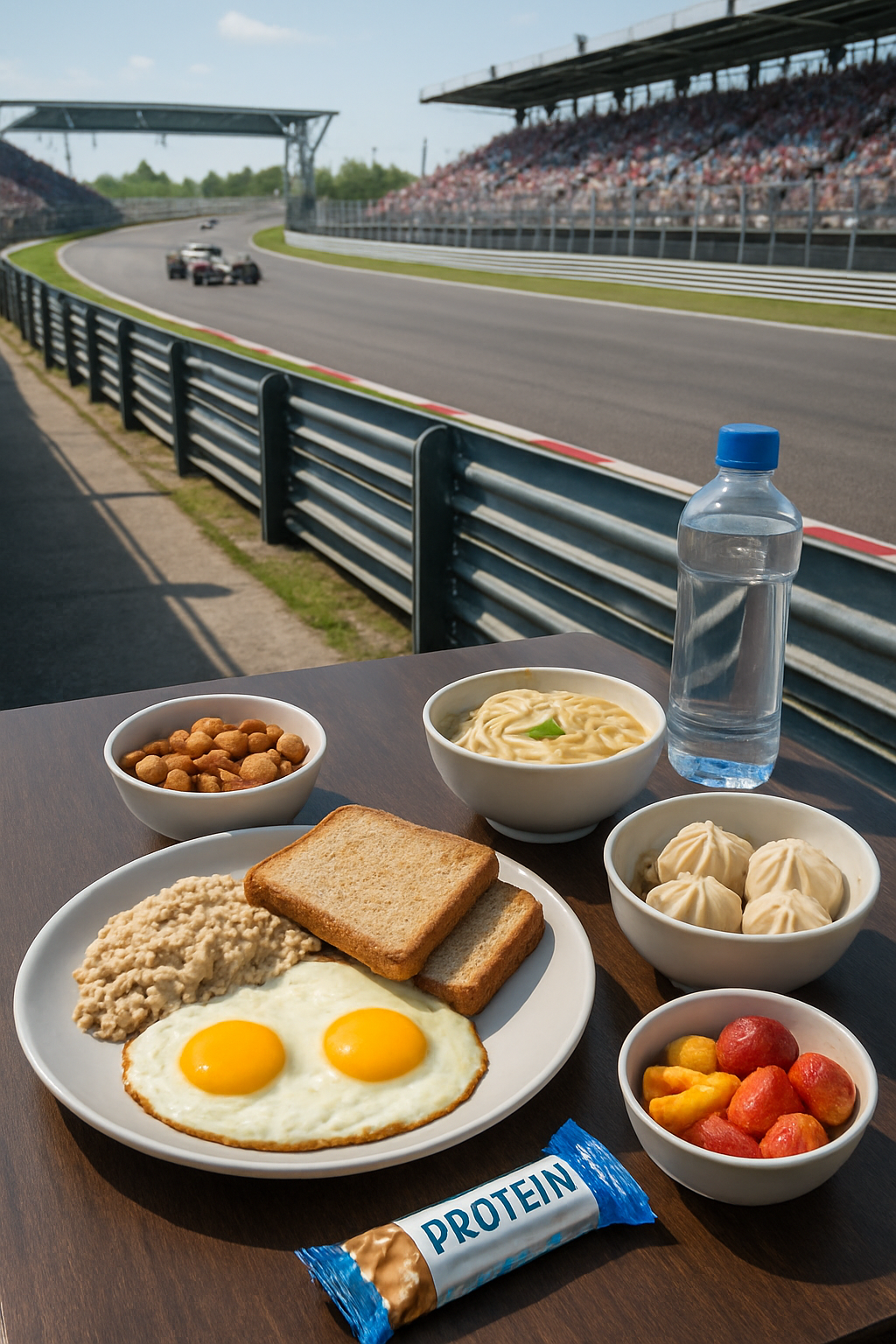 Smartphone showing the SnapEat AI app analyzing a bowl of Chinese noodles, with a blurred F1 car on a track in the background.