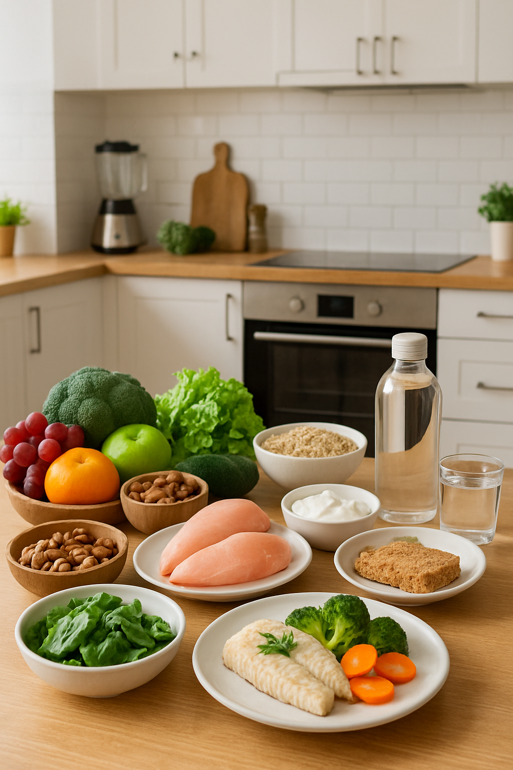 A vibrant flat lay of healthy foods like salad and fruits next to a phone showing the SnapEat AI calorie coach app, symbolizing a healthy reset after Raya.