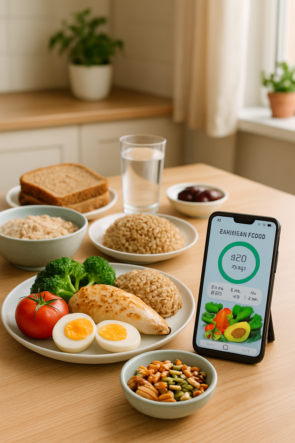 A healthy Ramadan meal for Iftar with a phone showing the SnapEat AI food tracker app interface.