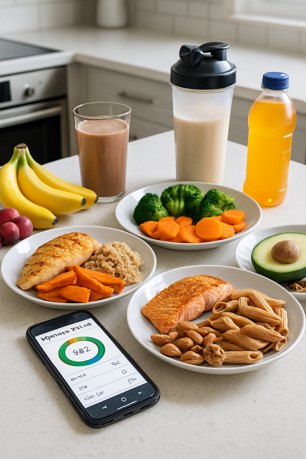 Smartphone showing the SnapEat AI app analyzing a meal of salmon and sweet potato for an athlete's diet plan.