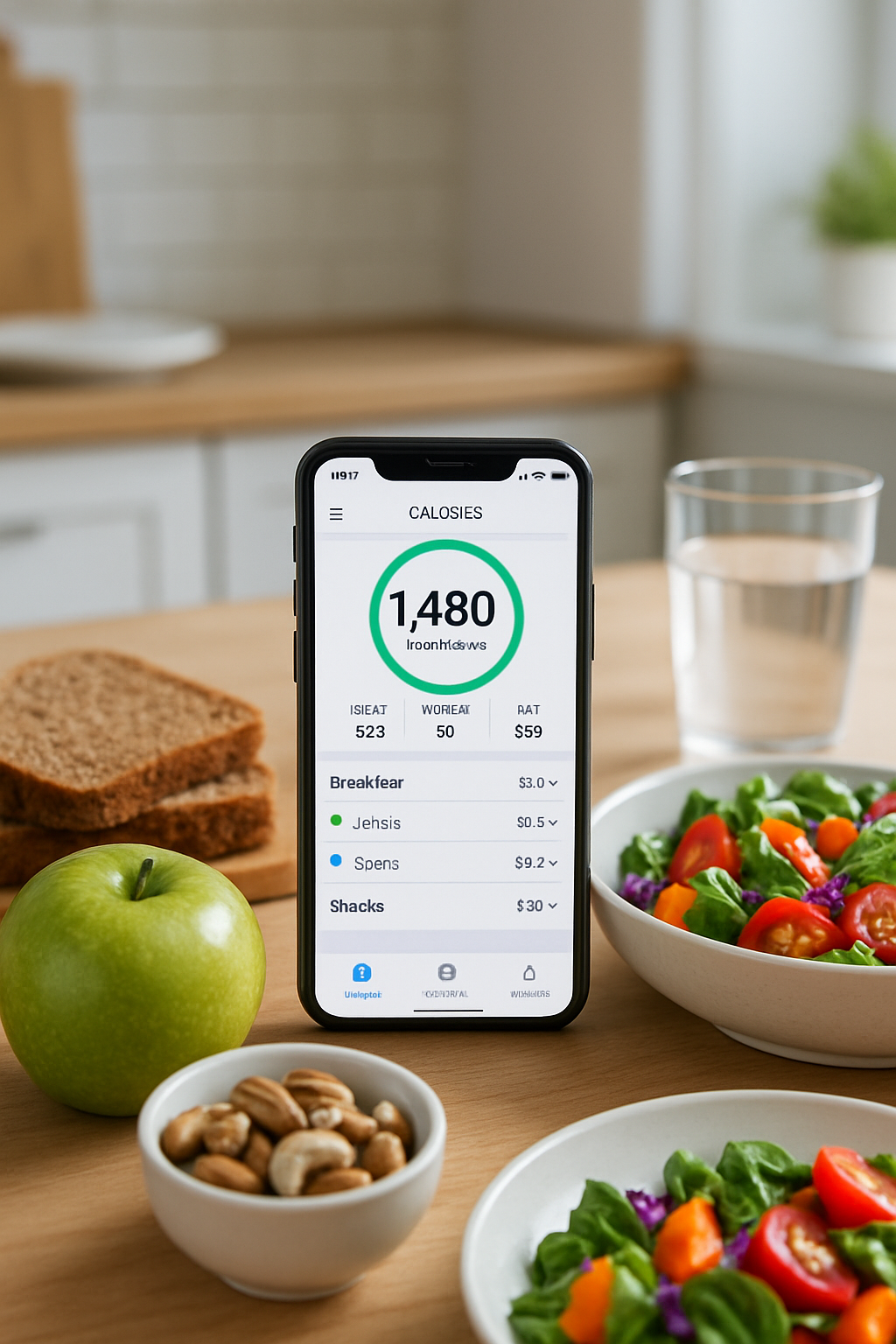 Smartphone showing the SnapEat AI smart calorie counter app analyzing a photo of a healthy meal.