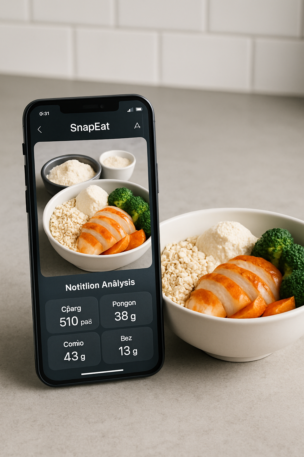 A smartphone showing the Fuel Smart nutrition tracker app interface with a photo of a healthy meal, demonstrating how to track calories and macros.