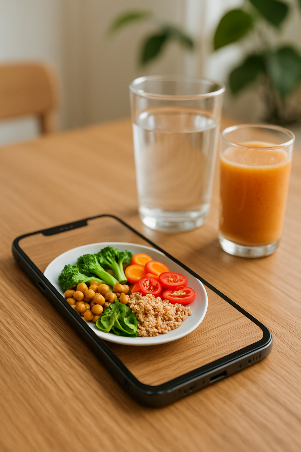 A person holding a smartphone to take a picture of a bowl of salad, using the SnapEat AI nutrition app.