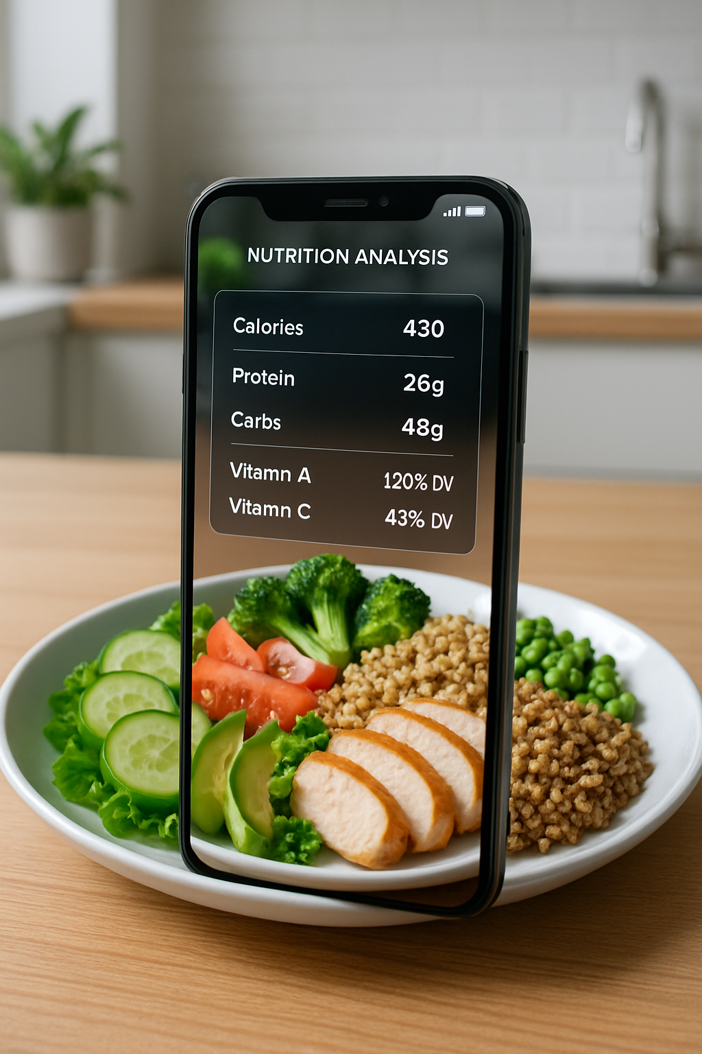 Smartphone showing the SnapEat AI nutrition coach app interface analyzing a photo of a healthy meal.