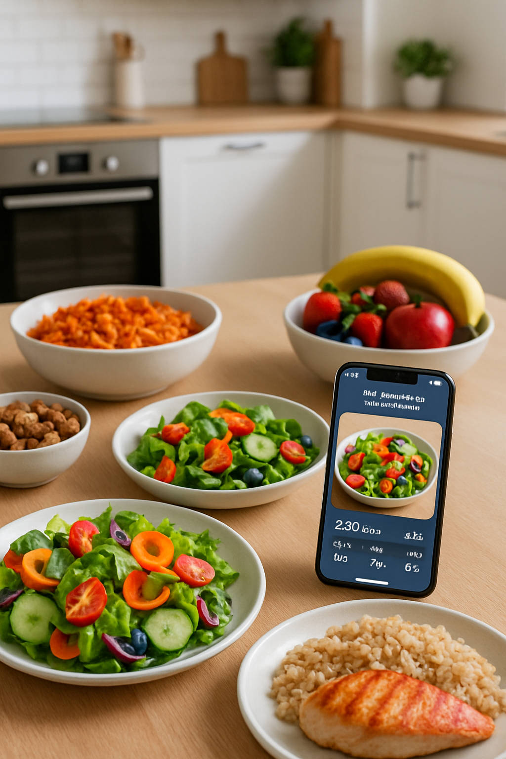 A smartphone displaying the SnapEat AI food tracking app, analyzing a photo of a meal to show nutritional data like calories and macros.