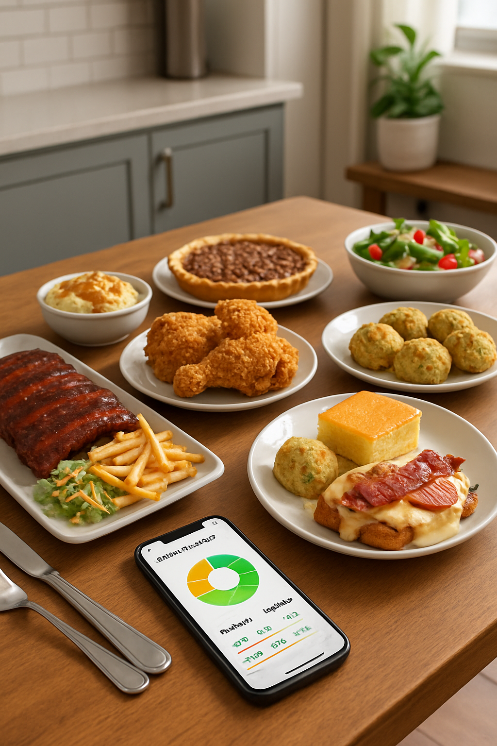 A phone showing the SnapEat AI nutrition tracker app analyzing a plate of Missouri BBQ ribs and Kentucky fried chicken.