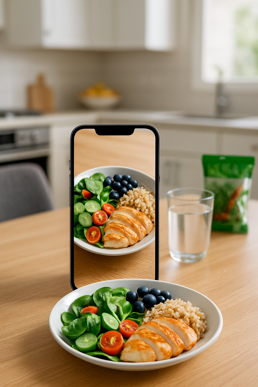 A smartphone screen showing the SnapEat AI app interface analyzing a photo of a meal with nutritional data overlays, demonstrating smarter food tracking.