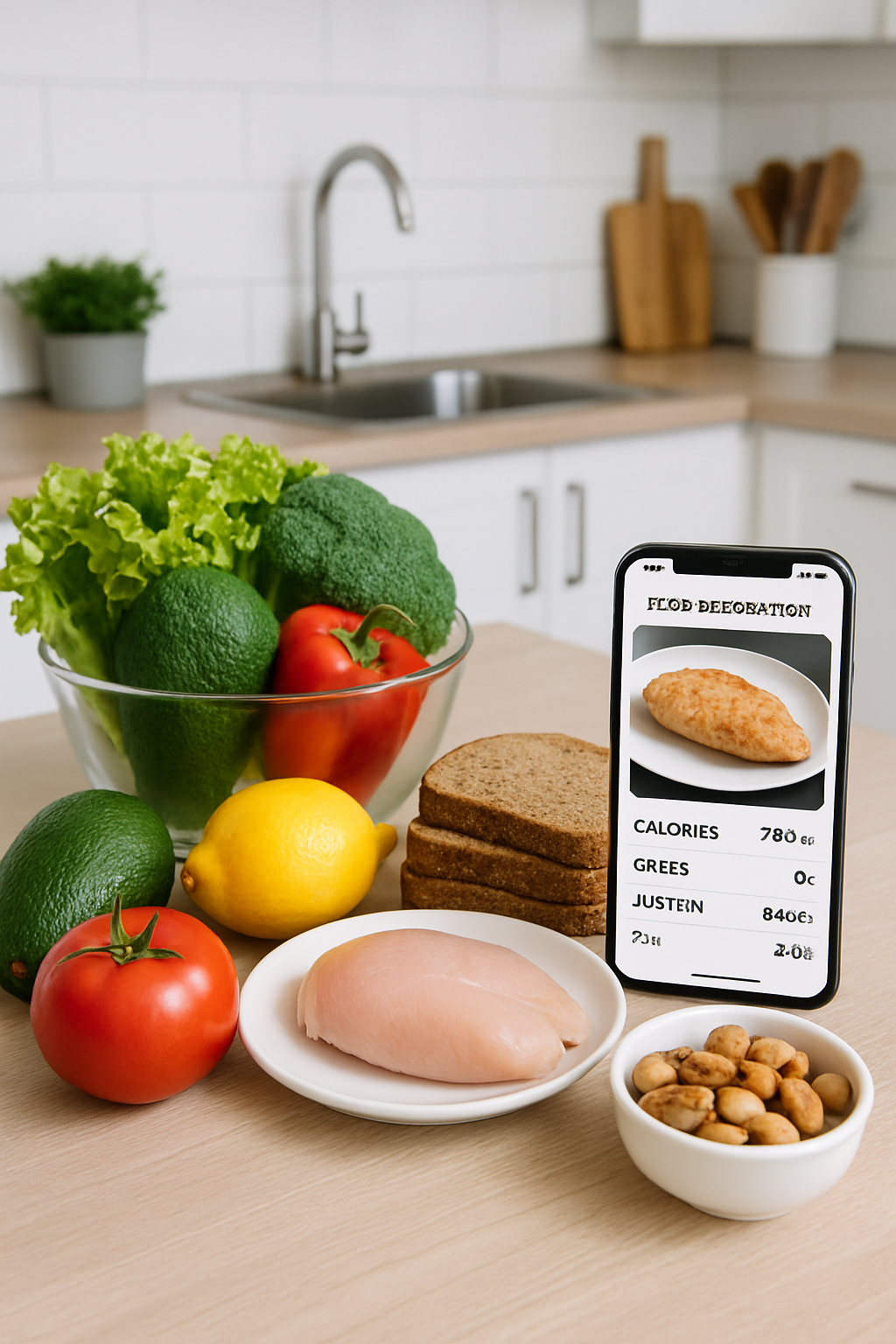 Smartphone screen showing SnapEat AI analyzing a photo of a healthy salmon and vegetable meal.