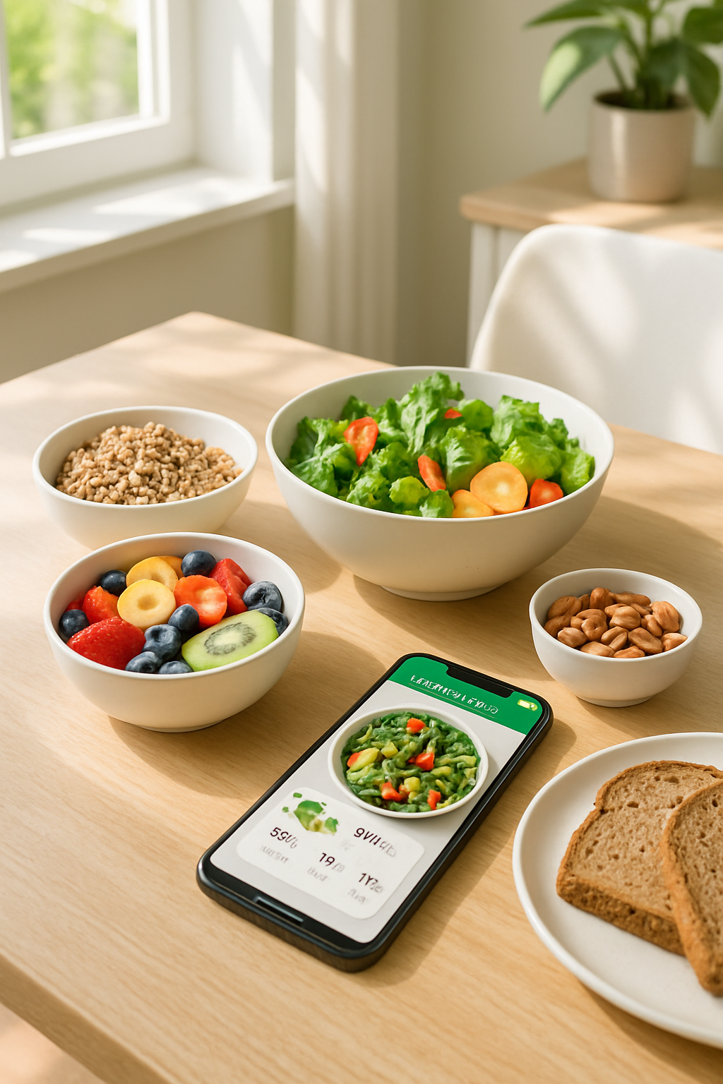 Smartphone showing SnapEat AI food tracker analyzing a healthy salad for a spring wellness challenge.