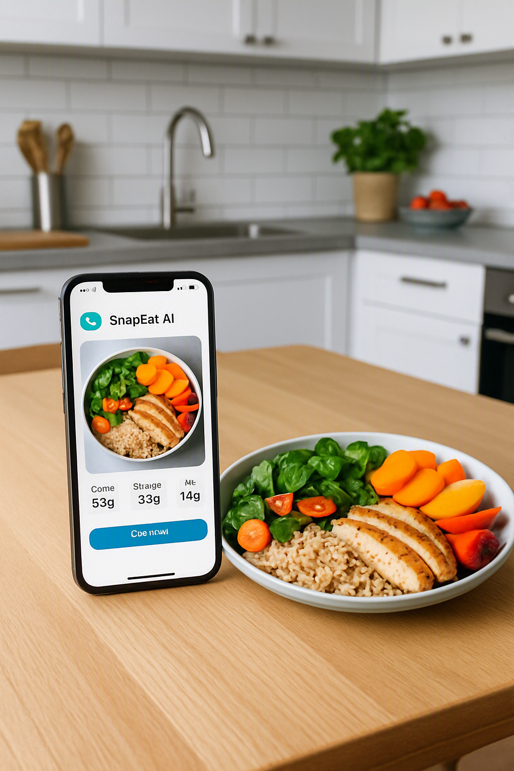 Smartphone screen showing the SnapEat AI coach app analyzing a photo of a salad to track the meal's nutrition.