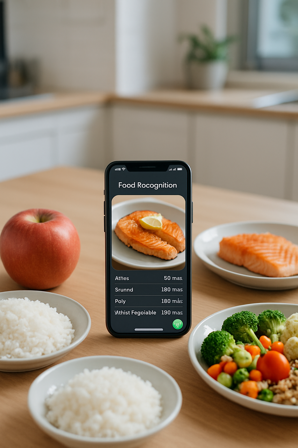 A smartphone showing the SnapEat AI app interface with a photo of a meal and its nutritional breakdown.