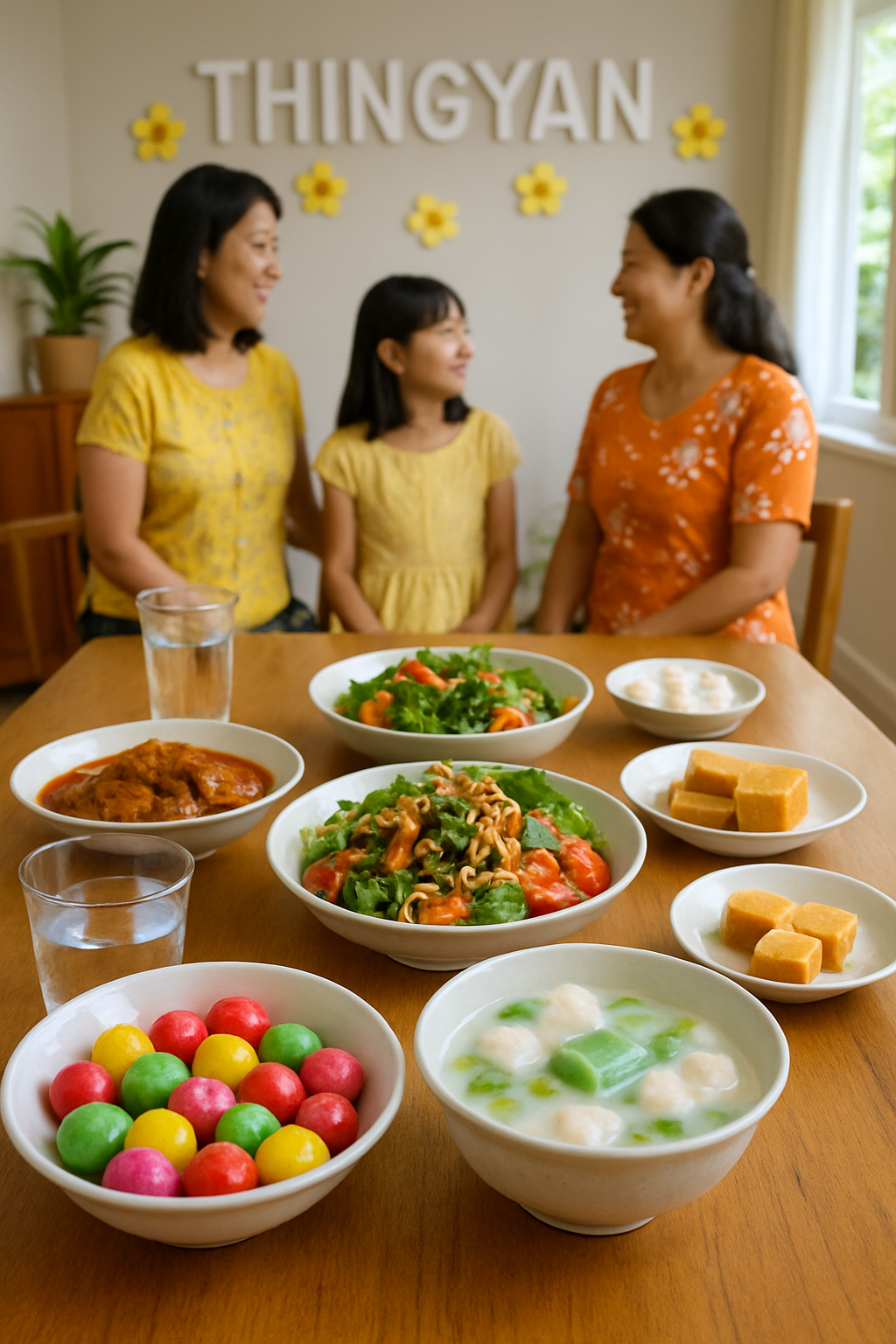 A person using the SnapEat AI calorie counter app on their phone to take a picture of a traditional Thingyan meal.