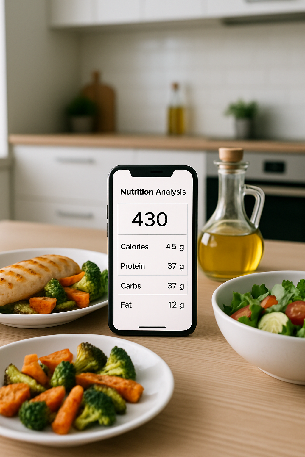 A smartphone displaying the SnapEat AI calorie tracker app interface after taking a photo of a healthy meal.