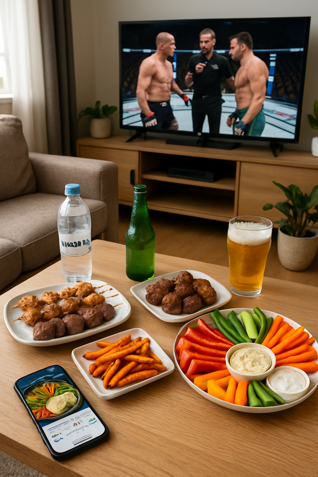 A healthy spread of UFC fight night snacks like chicken skewers and veggie platters with a phone displaying the SnapEat AI food tracker app.