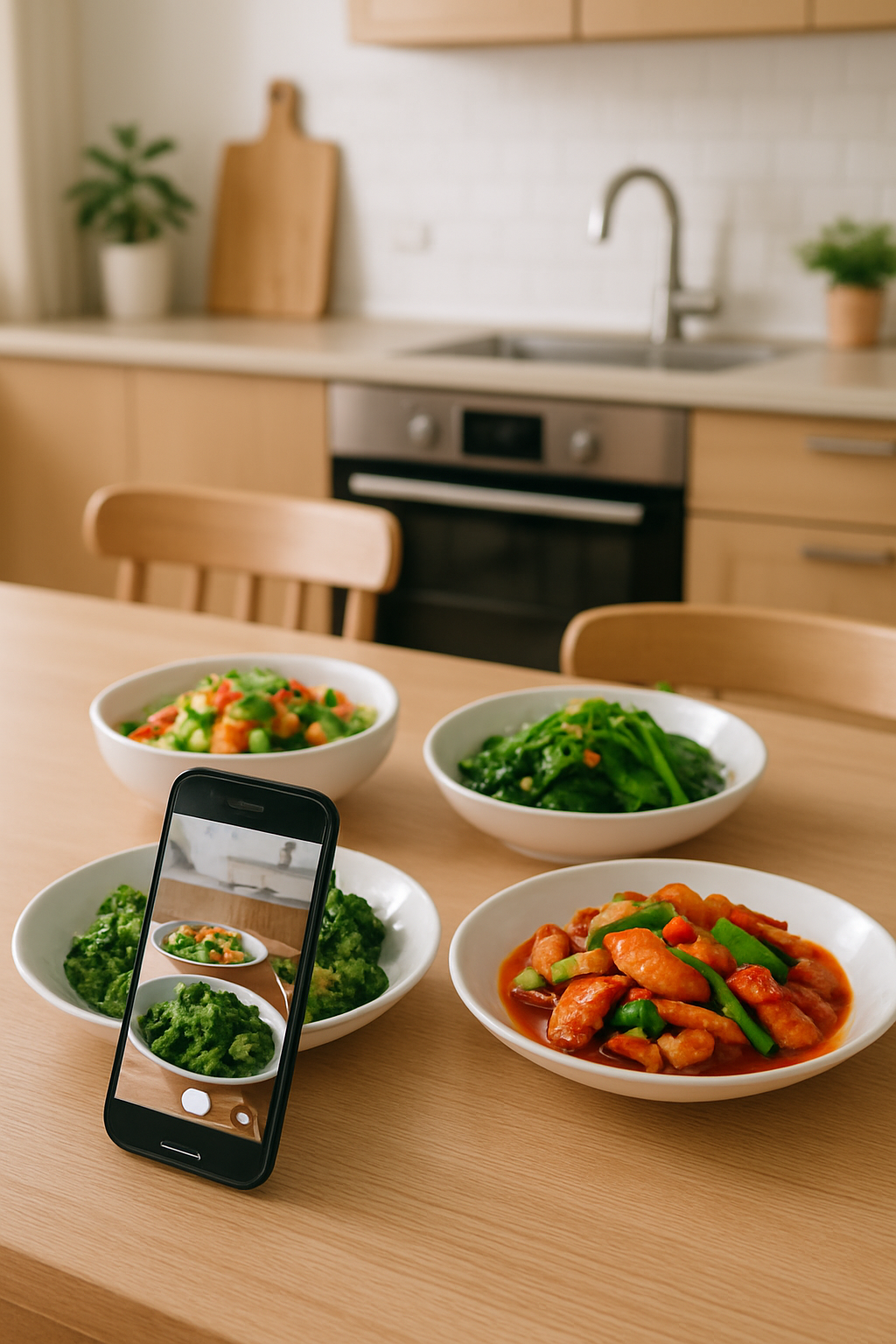 A smartphone showing the SnapEat AI meal tracker interface after taking a photo of a bowl of salad and chicken.