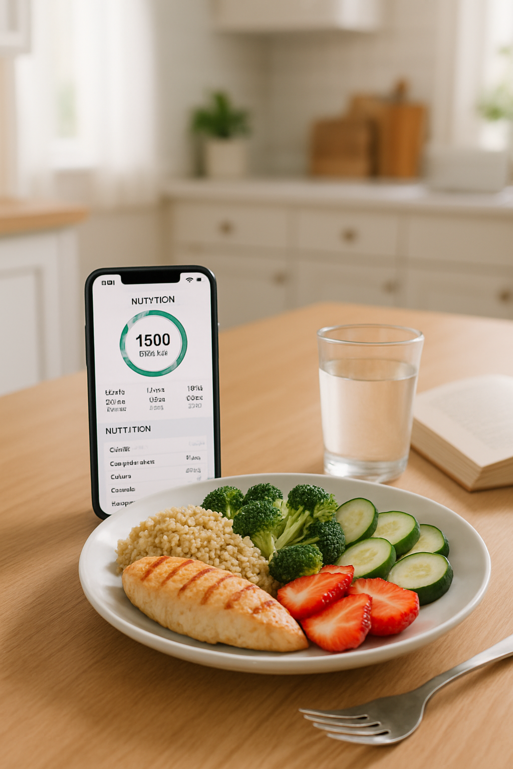 A smartphone showing the SnapEat AI app interface next to a healthy meal and a rosary, symbolizing the integration of faith and Catholic wellness.