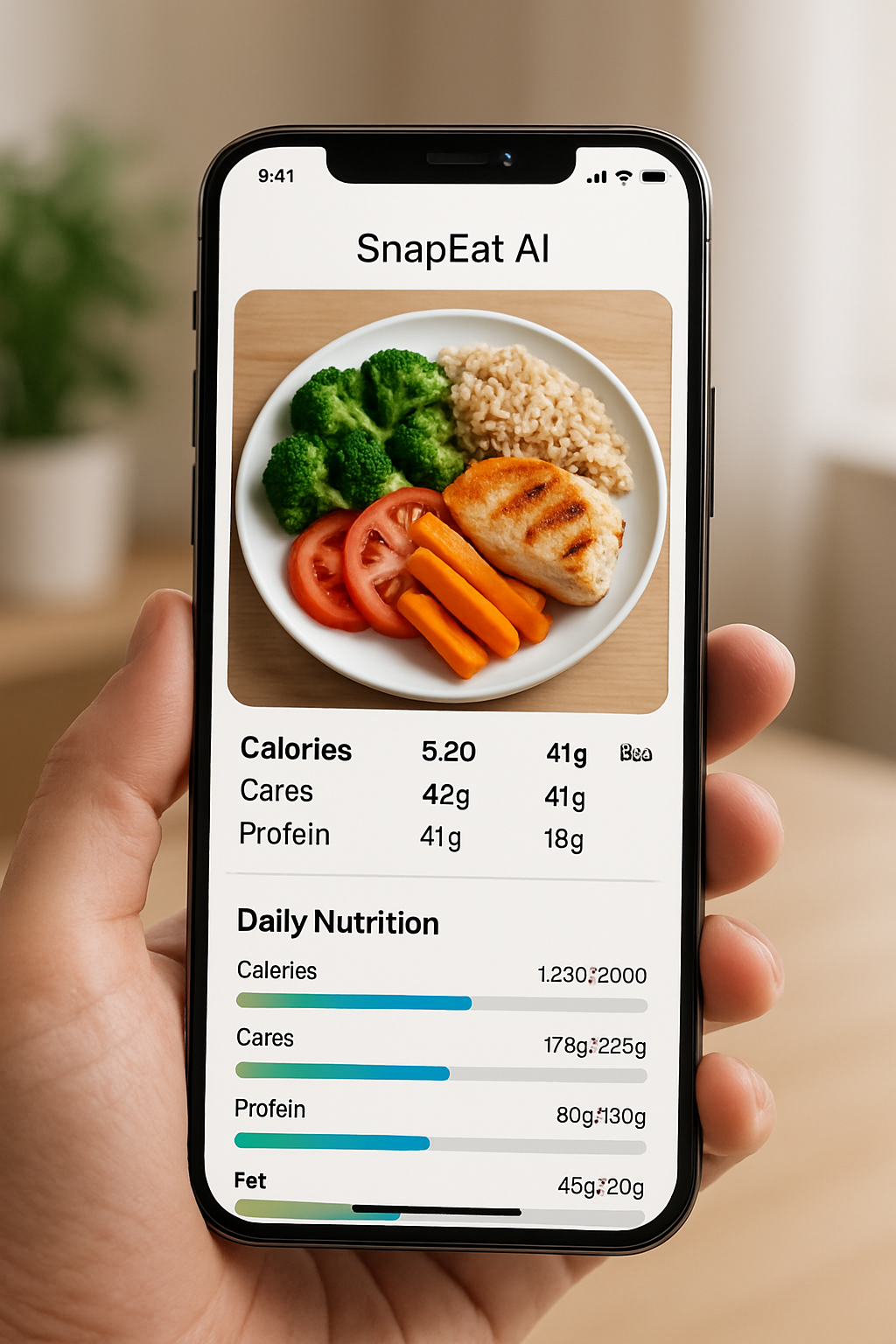 A smartphone screen showing the SnapEat AI nutrition app analyzing a healthy meal of salmon and vegetables from a photo.