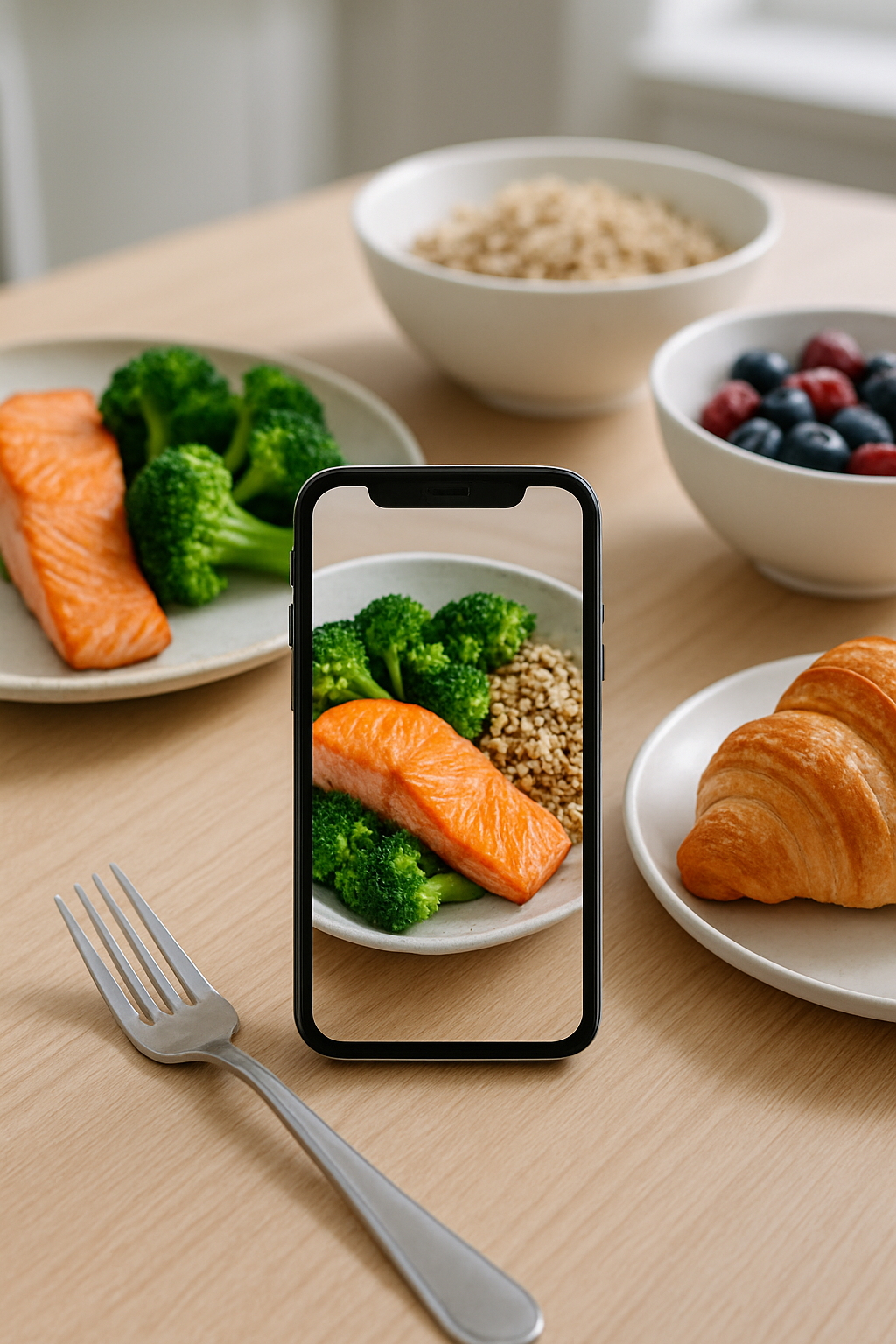 A smartphone displaying the SnapEat AI calorie tracker app, which uses food recognition to analyze the nutritional content of a healthy meal in a bowl.