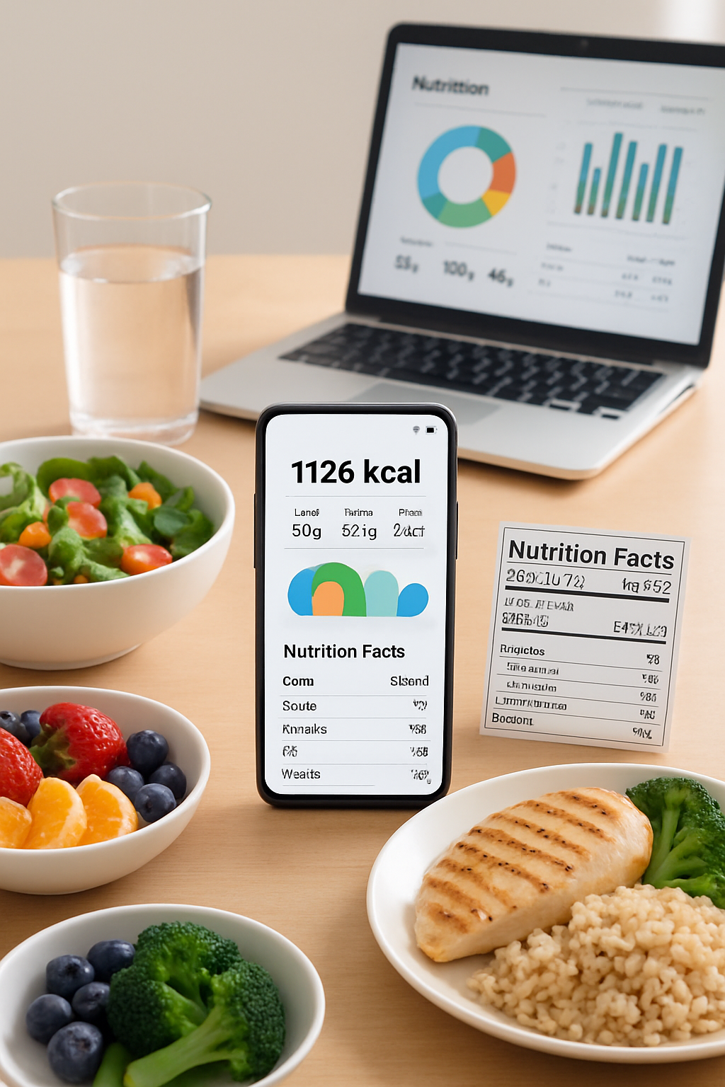 A smartphone displaying the SnapEat AI app next to a healthy meal, illustrating the Jack Nicklaus approach to nutrition tracking.