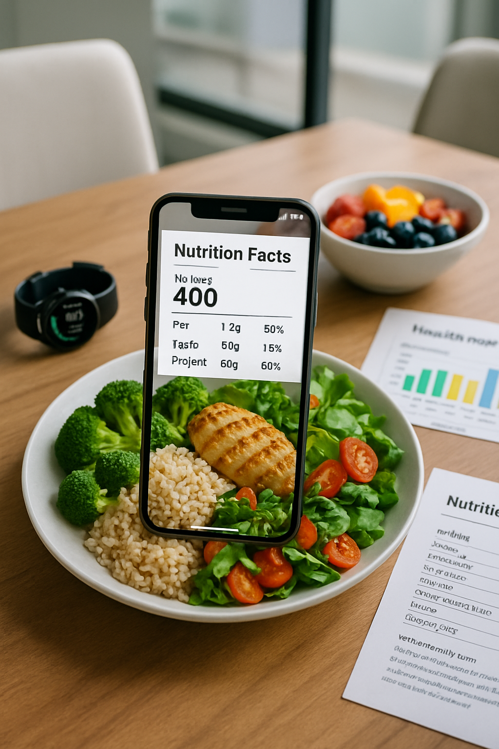 A smartphone displaying the SnapEat AI food tracking app, which is analyzing a healthy meal of salmon and vegetables through its camera.